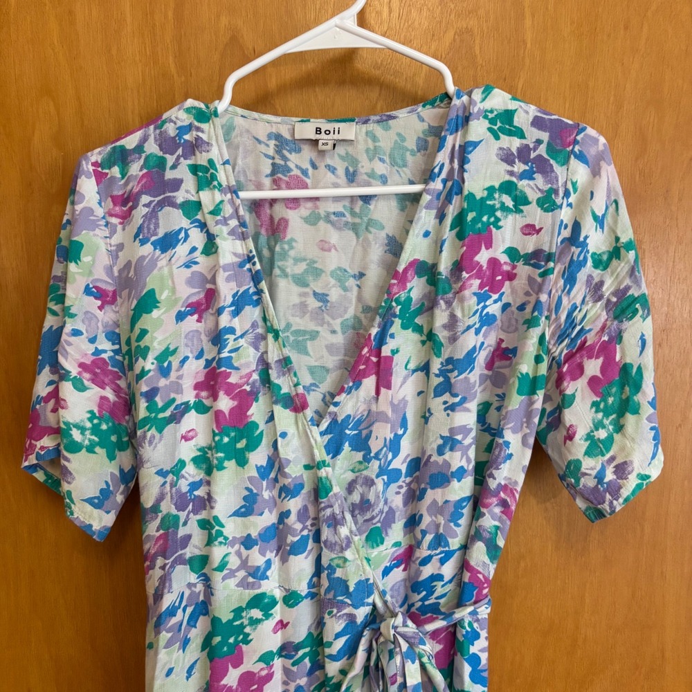 Boii XS Floral Maxi Wrap Dress Short Sleeve V Neck Casual Bohemian - Picture 4 of 8
